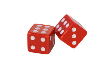 Two red dice are isolated on white. Full clipping without shadow. The result is six and on the verge. Blank for the designer.