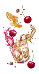 Cherry cocktail.  Watercolor illustration on a white background.