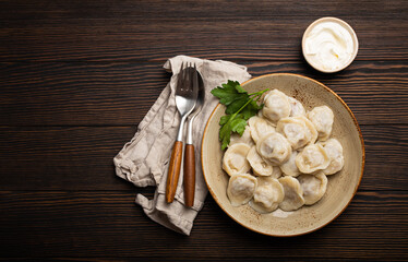 Pelmeni, traditional dish of Russian cuisine, boiled dumplings with minced meat filling on plate...