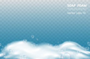Transparent  vector bath foam with shampoo bubbles isolated on blue background