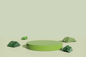 abstract Green pedestal display with cylinders and rocks with box stand concept. Podium for brand promotion products, realistic 3d digital rendering