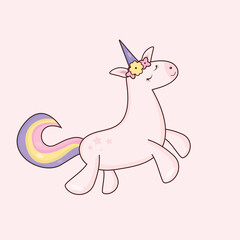 The unicorn's rainbow tail bounces in flight