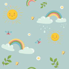 Naklejka premium spring Seamless pattern with rainbow, sky, clouds , sun, butternfly , leves illustration background pattern. childish pattern. Vector illustration. textile, print, surface design, fashion kids wear