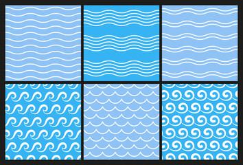 Waves on the water. Set of seamless patterns. Vector illustration - 484452366