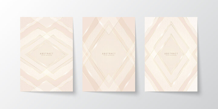 Vector abstract shiny luxury background in light soft nude colors with golden lines, glitter and glossy copy space. Premium multi-layered glass modern geometric template with place for text