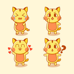 Cat Cute Character with four poses differently, illustration vector with a cute style that children like. Suitable for stickers, and merchandise in the form of a cat.