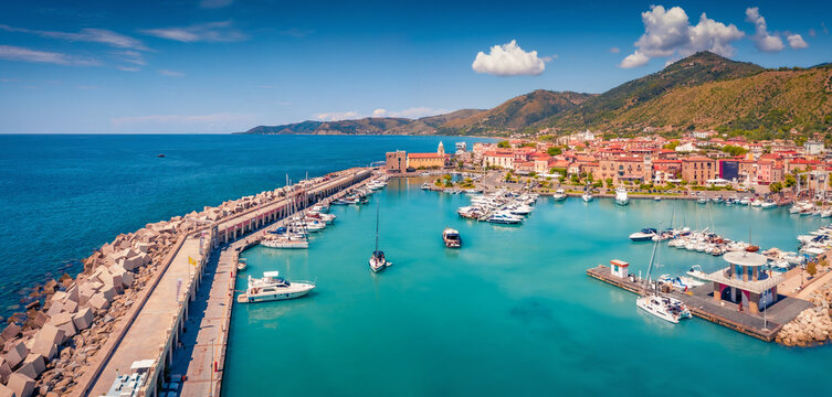 Panoramic summer view from flying drone of Acciaroli port. Wonderful outdoor scene of Mediterranean coast of Italy. Traveling concept background.
