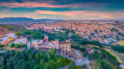 Spectacular morning view from flying drone of Castelluccio Castle. Great sunrise on Battipaglia...