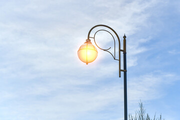 Street pole with a burning lamp in the city garden.