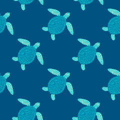 Seamless pattern sea turtles. Cute marine turtle in doodle style.
