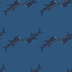 Basking shark seamless pattern in scandinavian style. Marine animals background. Vector illustration for children funny textile.