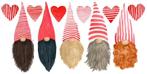 Set of watercolor gnomes and hearts