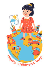Happy children day greeting card. Illustration of standing on earth smiling girl. Child in cartoon style.