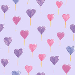 Fototapeta na wymiar Vector purple watercolour heart lollipop polka dots texture seamless pattern background. Ideal for Valentine, wedding, invitations and expressing love. Perfect for fabric, wallpaper, scrapbooking and