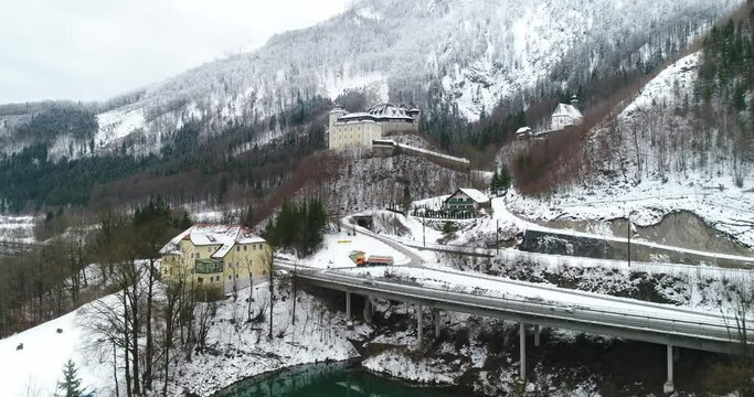 aerial at Schloss Klaus in Upper Austria in winter
