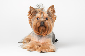 Cute little Yorkshire terrier dog lies on a white background, looks at the camera.