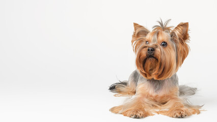 Cute little Yorkshire terrier dog lies on a white background. Copy space.