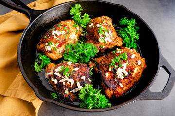 Roasted Olive Oil Chicken Thighs Mediterranean Style: Spice-rubbed chicken thighs that have been roasted in a cast-iron skillet