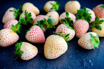 Obraz premium Freshly Washed White Pineberries on a Dark Background: Close-up of white strawberries that have been sprayed with water