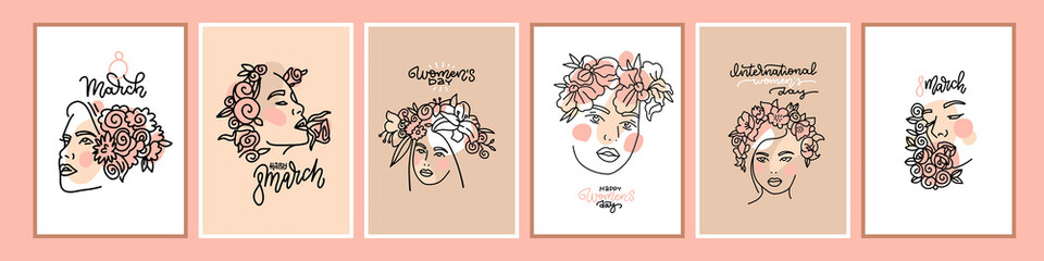 International womens day a5 postcard set. International Women's day line art portraits of beautiful women with flowers. Graceful templates for cards, posters, flyers and other users. Vector lettering