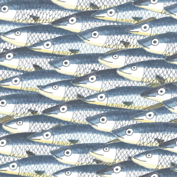 Blue watercolour sardines seamless pattern. Calm, peaceful and funny. Perfect for fabric, wallpaper, scrapbooking and stationery. Surface pattern design.