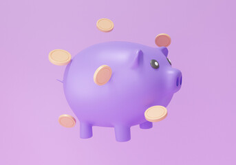Piggy bank and coins floating with earnings concept. business finance saving money, cost reduction, cartoon minimal on purple background, banner. 3d render illustration
