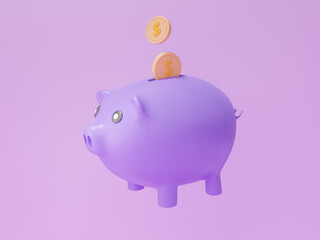 Coins money floating into piggy bank with earnings concept. finance saving money, reduction cost, cartoon minimal style on purple background, banner. 3d render illustration