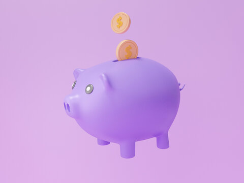 Coins money floating into piggy bank with earnings concept. finance saving money, reduction cost, cartoon minimal style on purple background, banner. 3d render illustration