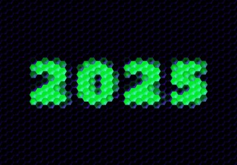 Sign of the 2025 year with hex pixel grid. New Years number or digits for holiday eve celebration card or calendar.