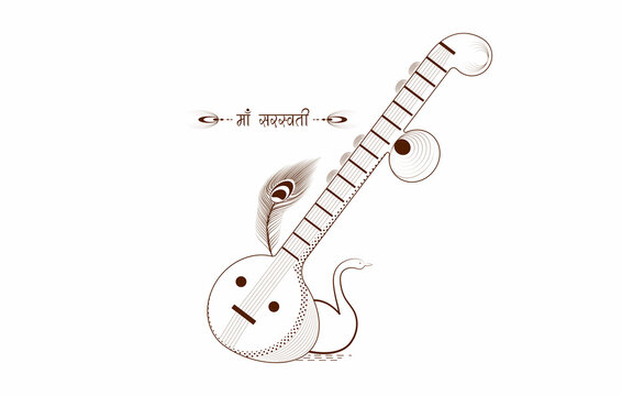 Vector Illustration of Veena a musical instrument, peacock feather and swan for Vasant Panchami or Basant Panchami or Saraswati Puja on white background. Maa saraswati