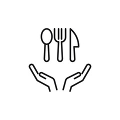 Fototapeta na wymiar Charity and philanthropy concept. Hight quality sign drawn with thin line. Suitable for web sites, stores, internet shops, banners etc. Line icon of knife, fork and spoon over opened hands
