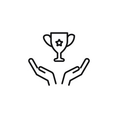 Charity and philanthropy concept. Hight quality sign drawn with thin line. Suitable for web sites, stores, internet shops, banners etc. Line icon of star inside of goblet over opened hands