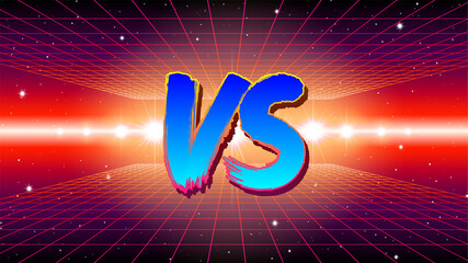 VS sign in 80s game style with synthwave landscape and brush painted letters. Versus symbol for battle or competition poster
