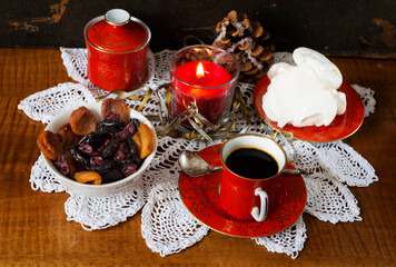 coffe and dessert at home at winter, vintage still life
