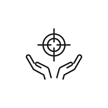 Charity and philanthropy concept. Hight quality sign drawn with thin line. Suitable for web sites, stores, internet shops, banners etc. Line icon of sniper target over opened hands