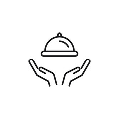 Charity and philanthropy concept. Hight quality sign drawn with thin line. Suitable for web sites, stores, internet shops, banners etc. Line icon of bowl with cloche over opened hands