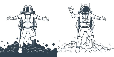 Astronaut floating - retro print. Spaceman flying in spacesuit with jetpack. Vintage cosmonaut. Vector illustration - obrazy, fototapety, plakaty
