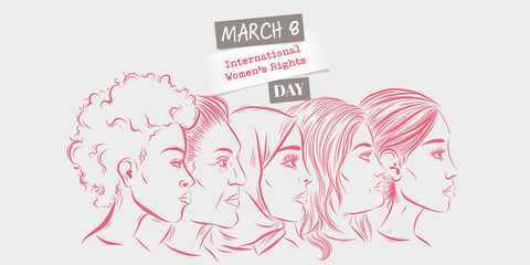 March 8 th - International womens rights day design - women faces diversity illustration banner