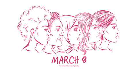 March 8 th - International womens rights day design - women faces diversity illustration banner