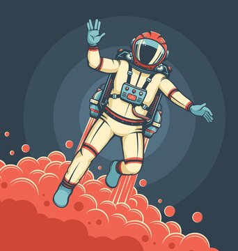 Astronaut flying with jetpack. Sci-fi retro poster with spaceman in spacesuit. Vintage cosmonaut. Vector illustration