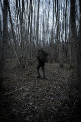 One man on the root to dark woods. Crosing forest