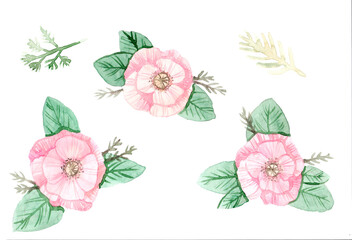 watercolor pink flower bouquet isolated on white background hand-free painting