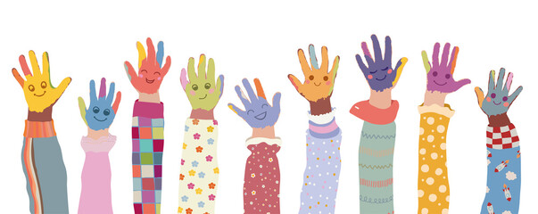 Group of painted hands of joyful happy multicultural kids and baby girls and boys.Colorful kids hands with smile.Preschool - kindergarten of children different cultures coloring together