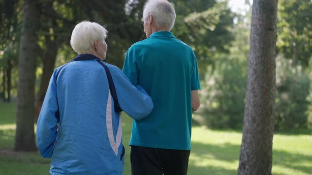 Back view happy senior couple walking in slow motion arm in arm talking. Live camera follows loving Caucasian retirees strolling in spring summer park enjoying retirement leisure. Love and lifestyle