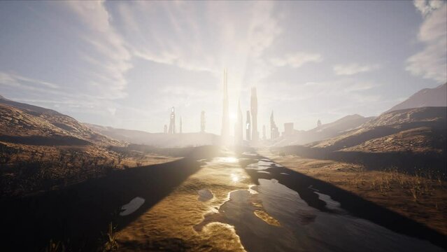 The sun rises in the city of the future. Cinematic view of the fantasy world in time lapse