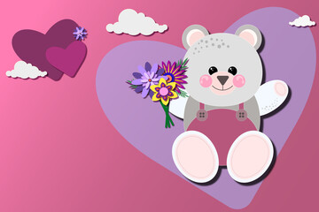 A Valentine's Day or birthday card. An illustration with a cute polar bear, a bouquet of flowers and hearts