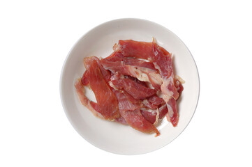 pork meat strip in white plate on white background