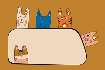 Funny cartoon animals and place for text. Multicolor vector illustration.
