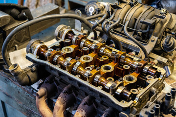 Cylinder head combustion engine with camshafts. Automotive, repair servicing.