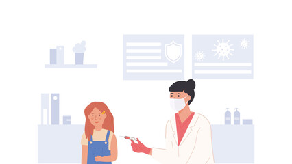 A schoolgirl at hospital getting vaccinated. A nurse or doctor wearing face mask and holding syringe with vaccine jab. Children Covid Vaccination concept. Vector flat style illustration.